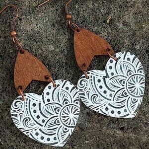 Boho Wooden Heart Dangle Earrings Vintage Bohemian